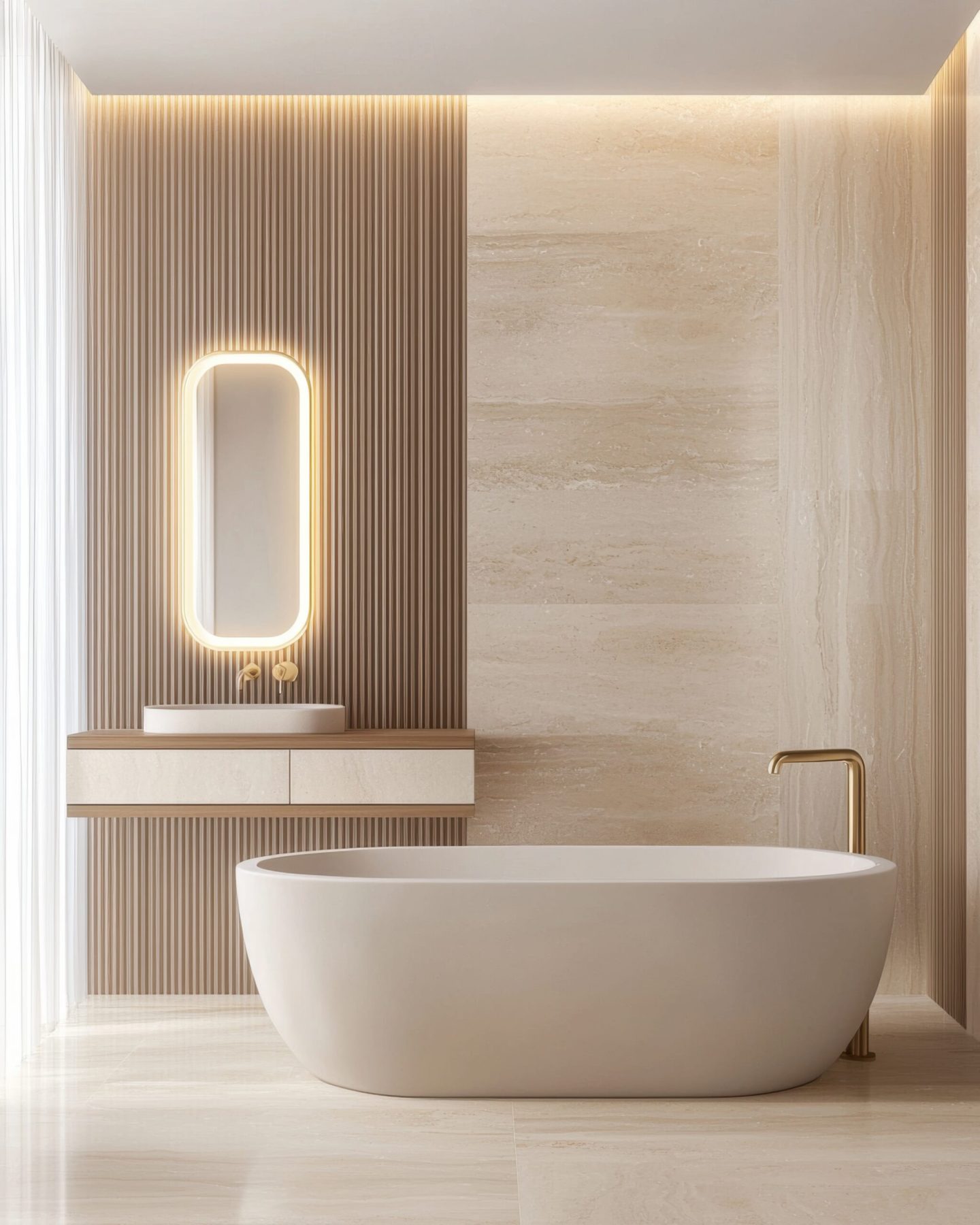 modern bathroom featuring a sculptural stone freestanding bathtub, a floating travertine vanity, a backlit fluted mirror, brushed brass fixtures modern bathroom featuring a sculptural stone freestanding bathtub, a floating travertine vanity, a backlit fluted mirror, brushed brass fixtures